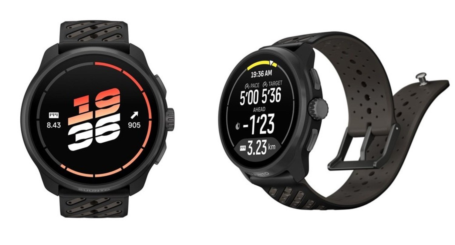 Suunto Race 3S Titanium Black — front view showing AMOLED watch face and side profile with digital crown and silicone strap