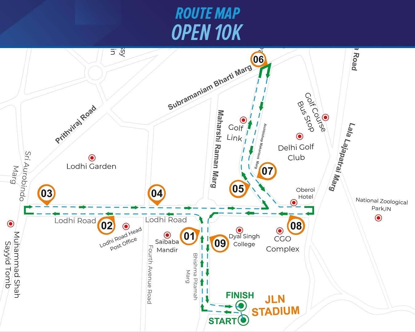 VDHM 2026 Open 10K official route map showing the course starting and finishing at JLN Stadium via Lodhi Road and Subramaniam Bharti Marg