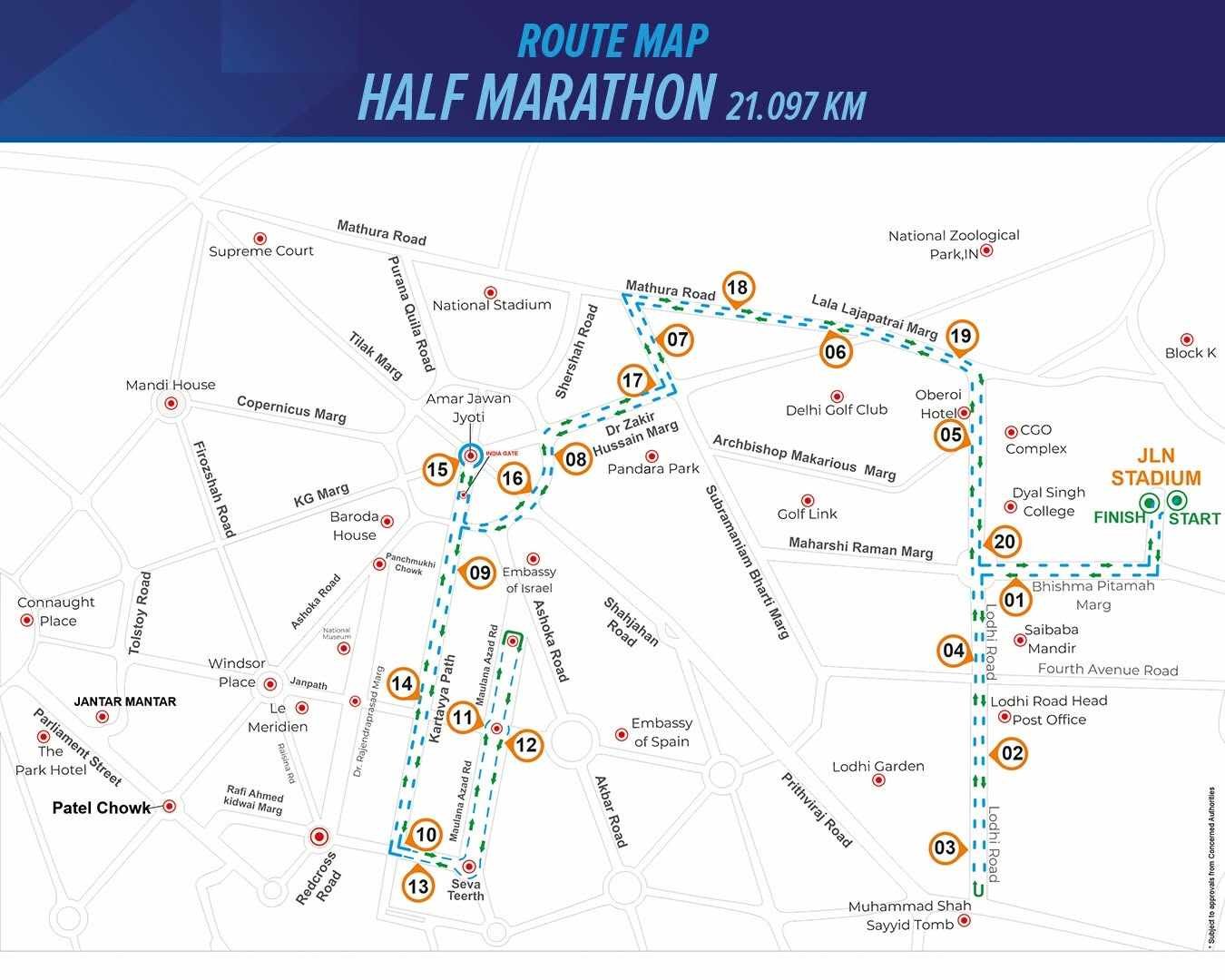 VDHM 2026 Half Marathon official route map showing the 21.097 km course from JLN Stadium through Lodhi Road, Mathura Road flyover, India Gate and Kartavya Path